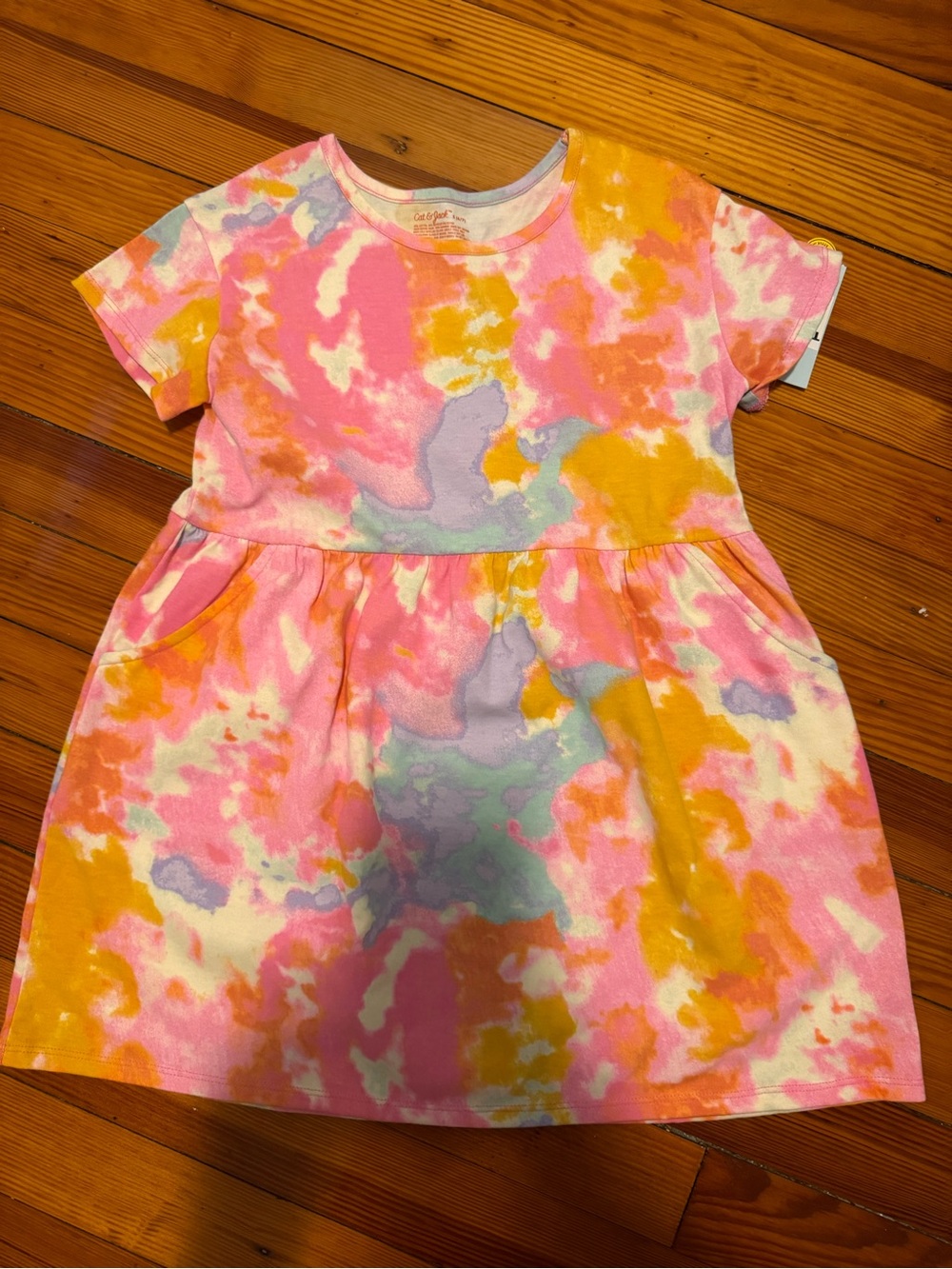 Cat and Jack Pink, Yellow & Lavender Tie-Dye Short Sleeve Knit Dress